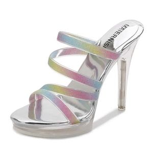 Vestido sapatos cristal senhoras chinelos meia-arrastar arco-íris sexy verão moda festa salto alto 12cm plataforma de dedo aberto feminino h240321