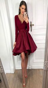 ALine Burgundy Satin Homecoming Party Dresses Deep Vneck Long Sleeve Short Cocktail Dress Prom Gowns Aline Womens4190919