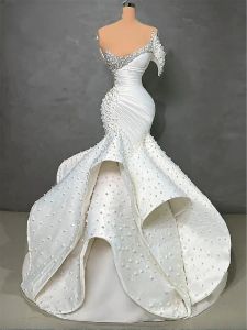 豪華なマーメイドティアドウエディングドレスカスタムメイドビーズパール女性パーティーアラビアドバイ人魚のイブニングドレス