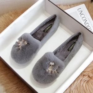 Loafers Big Size 3443 PomPom Rabbit Fur Shoes Women Owl Stone Moccasins Winter Plush Warm Boots Ladies Wool Flats Femme Cotton Loafers