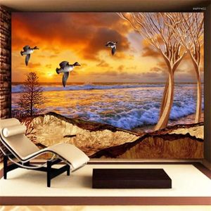 Wallpapers Custom Modern Sunset Sea Gulls Dry Tree TV Background Wall Large Mural Green Silk Cloth Self Adhesive Wallpaper Papel De Parede