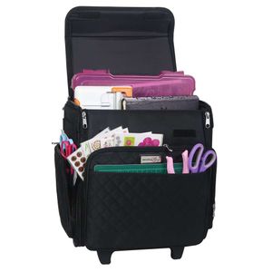 Allt Mary Rolling Craft Bag, Black Quilted Papercraft Tote with Wheels Scrapbook Art Storage Organizer Case Iris Boxes, Supplies and Accessories - For