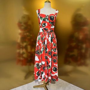 Vestido feminino de marca de moda europeia, algodão, anêmona do mar vermelho, floral, estampado, cintura reunida, vestido médio