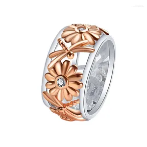 Кольца кластера, модное кольцо с подсолнухом и маргариткой, цвет розового золота, женские полые циркониевые украшения для дня рождения, аксессуары, подарки