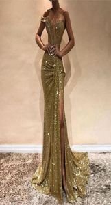 Sexy Gold Sequins Mermaid Evening Dresses Sweetheart Split Side Floor Length Sparkly Prom Dresses Formal Gowns Sweep Train3542015
