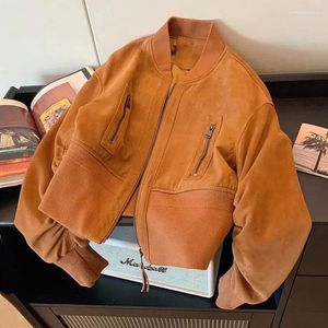 Women's Jackets Vintage Style Bomber Jacket Stand Collar Loose Suede Woman Clothing Pleated Long Sleeve Coat Female Spring
