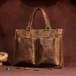 Vintage Man Handbag Briefcase Men Shoulder Crazy Horse Genuine Leather Bags Brown Business Fashion 14 Inch Laptop Bag