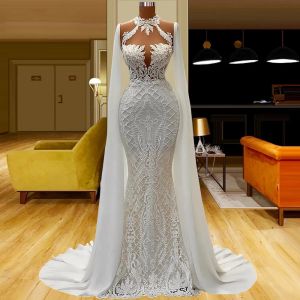 Elegant White Lace Evening Dresses Long Wrap Sleeve Beads Celebrity Gown Gala Middle East Mermaid Party Dress for Special Occasions