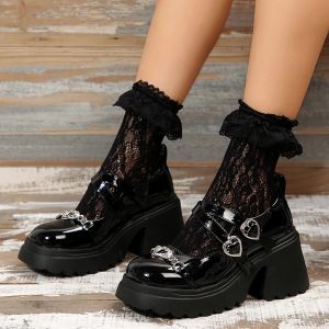 Botas plataforma gótica Mary Jane Lolita Sapatos Mulheres Black Patent Leans Altos bombas Mulher Heart Chunky Sapatos Y2K