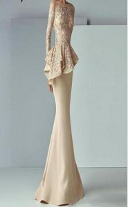 Champagne Mermaid Evening Dresses Gown Long Sleeves Lace Peplum abiye Robe De Soiree Elegant Formal pageant Dress6455557