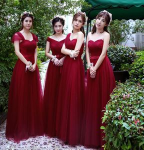 Robe de soriee simples vestidos de dama de honra barato tule vinho vermelho plissado floorlength elegante casamento baile de formatura vestido9993525