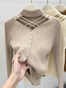 Kadın Sweaters Seksi Hallow Out Halter Örme Kadınlar İçin Üst 2024 Sonbahar Katı Base Uzun Kollu Alt Sökü Gömlek