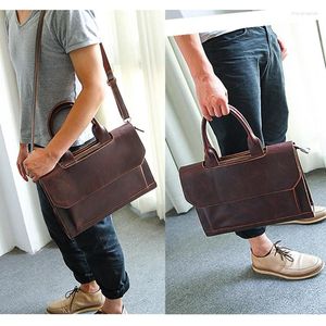 Briefcases PU Leather Briefcase For Men Crazy Horse Tablet Cowhide Executive Crossbody Office Tote Business Shoulder Vintage Messenger Bag