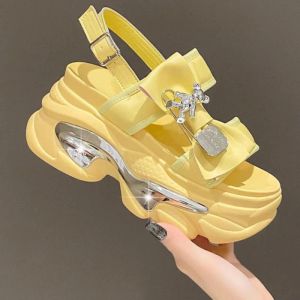 Sandals Women's Bling Strap Chunky Sandals Summer 9CM Thick Bottom Wedges Beach Slippers Woman Lovely Yellow High Platform Sandals Mujer