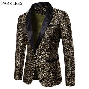 Złoty Jacquard Bronzing Floral Blazer Men Brand Mens Patchwork One Buzton Blazer Jacket Party Stage Coster Homme 240306