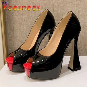 Dress Shoes Voesnees 2021 Red Fish Mouth Platform Fashion Thick High Heel Pumps Sexy Square Head 13.5CM Womens Black Single Size 41 H240325