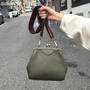 Retro Army Green Wide Strap Bags Women Shoulder Bags Crossbody Handbag PU Leather All-match Bag Korean Japan Style 240307