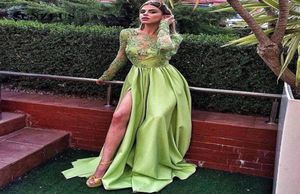 Lime Green Prom Dresses With Long Sleeves Appliques Bodice Long Satin Evening Party Gowns With Side Slit4546297