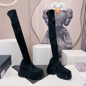 Vintage Sock Boots lårhöga stövlar vävda elastiska ull läder höga klackar plattform elastiska strumpor ankelstövlar tjocksolad komfort mjuk stickad över knäskor hälen