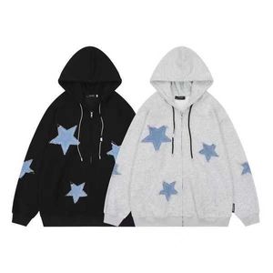 American style hooded zippered cardigan hoodie for men and women star patch fabric for couples casual hoodie top