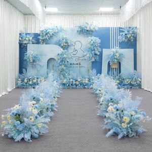 Dekorasyonlar Dekoratif Çiçek Çelenkler Sky Mavi Serisi Düğün Çiçek Düzenlemesi Yapay Satır Masa Yolu Kurşun T aşamalı köşe köşesi