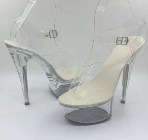 Klänningsskor Shuzumiao 34-43 Summer Sexy Super High Heels 15cm stilett Vattentät plattform Sandal Transparent Crystal Wedding Shoe for Women H240321N00T