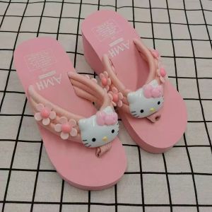 Flops Kawaii Cartoon Summer 2023 Fashion Women's Leisure Shoes Wedge Flip Flop High Heels Slippers Slippers Ladies Hello cat