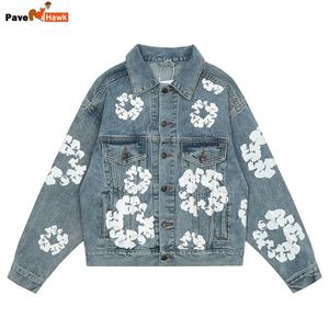 High Street Kapok Print Denim Jacke Männer Hip Hop Y2k Jeans Mantel Unisex Casual Lose Retro Amerikanischen Stil Cowboy Outwear frauen 240307