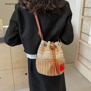 Wholesale Retail Brand Fashion Handbags Instagrams New Straw Woven Bucket Bag Single Shoulder Patchwork Striped Vacation Beach Crossbody women bags Handbag