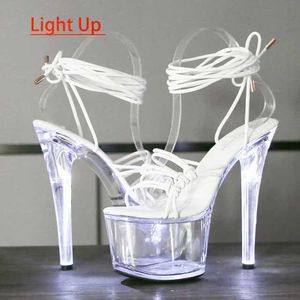 Klänningskor nattklubb Led Light Up High Heels Model Walk Show Lysande sandaler Ankel Lace-Up Pole Dancing Women Transparent Platform H240321CEG6