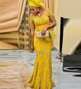 Gold Mermaid Evening Dresses Plus Size Lace Prom Gowns For Women Aso Ebi Formal Party Dress With Illusion Sleeves6153030