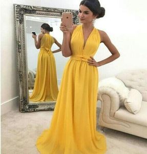 Halter V Neck Yellow Chiffon Bridesmaid Dresses Straps Midja Billiga långa bröllopsgästklänningar Aline Prom Dresses7399269