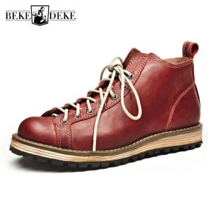 Boots Vintage Mens Round Toe Genuine Leather Ankle Boots Lace Up Platform Work Safety Shoes Man Fleece Lining High Top Military Boots