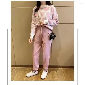 Women's Two Piece Pants 2024 Fashion Love Printed Knitted Peice Suit Women Long Sleeve Sweater Tops And Solid Colors Casual Female N820