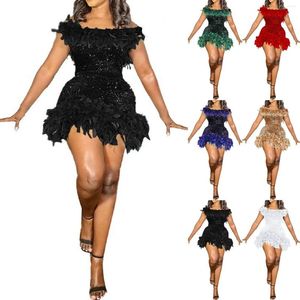 Vestidos casuais fora do ombro pena vestido de lantejoulas v pescoço festa sólida para mulheres elegante dança nightclub noite magro envoltório hip sexy saia