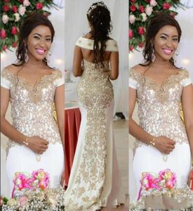 Gold Embroidery Beaded White African Wedding Dresses 2022 Boat Neckline Short Sleeve Mermaid Special Occasion Dress Party Wedding 6433536