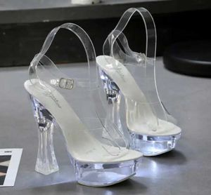 Elbise ayakkabıları 6 renkli kare topuk kadın sandaletleri ışıklı parlayan ışıltılı net platform yüksek 15 cm şeffaflık 6vg h240321
