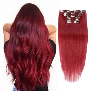 Extensões clipe em extensões de cabelo cabelo humano real 1418 Polegada 7 pçs extensão do cabelo humano clipe ins borgonha vinho vermelho longo cabeça cheia para mulher