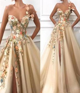 One Shoulder 3D Floral Long Aline Tulle Prom Dresses Sexig Junior Special Dress Lace Applique Pärled Split golvlängd Formell Par1177074