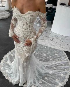 2024 Elegante Meerjungfrau Hochzeitskleid Sexy Schatz Perlen Applikationen Spitze Lange Ärmel Brautkleider Nach Maß Sweep Zug Vestidos De Novia