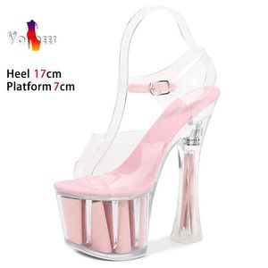 Dress Shoes 17CM Ultra High Heels Thick Waterproof Platform Sandals Wedding Women Fishmouth Transparent Crystal H2403217JRD