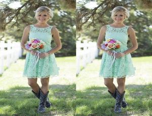 2019 Country Mint Green Lace Curto Mini Vestidos de Dama de Honra Vestido Formal Para Júnior e Adulto Dama de Honra Na Altura Do Joelho Festa de Casamento 9082036