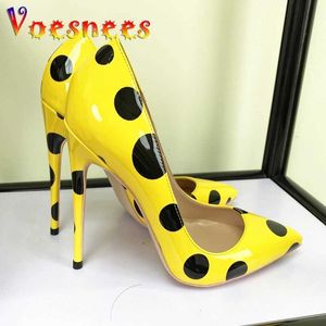 Elbise Ayakkabı Polka Dot Partisi Kadınlar Sarı Stiletto Pompaları Noktası 12 cm Günlük Ofis Bayanlar Tek Moda Baskı Yüksek Topuklular H240325