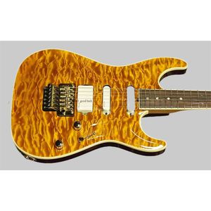 Pensa Mark Knopfler I Amber Quilted Maple Top Electric Guitar White Pickups Floyd Rose Tremolo Bridge Locking Nut Gold Hardware
