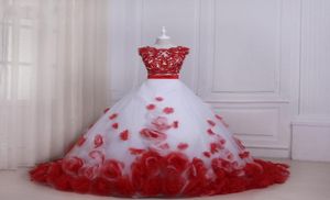 Due pezzi Quinceanera Ball Gown Prom Abiti da sera 3D Fiori floreali Applique Pizzo Collo trasparente Hollow Back Rosso e bianco Designe6352018