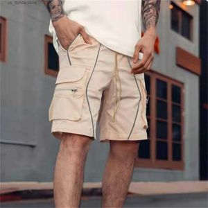 Men's Shorts Summer Man Solid Color Shorts Trendy Loose Cotton Workwear Casual Pants Sports Multi Pocket Shorts Micro Elastic Fashion Shorts Y240320