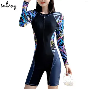 Kvinnors badkläder utslag för kvinnor lång ärm surfing baddräkt tryck blixtlås en bit simning jumpsuit shorty wetsuits upf 50