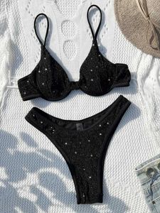 Mulheres Swimwear Womens swimsuit 203 preto brilhante biquíni sexy cintura alta de duas peças swimsuit suporte de aço mulheres com decote em V praia swimsuit YX1378X J240319