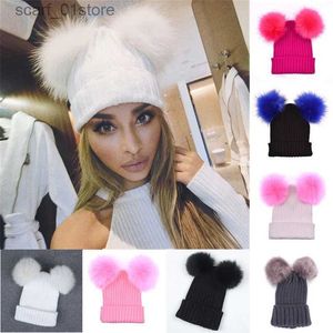 Hats Scarves Sets 2024 New Fur Ball C 2 Pom Poms Womens Winter Hat Womens Wool Hat Knitted Cotton Bean C New Thick Womens CC24319