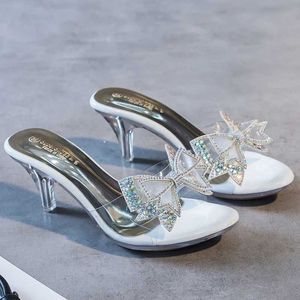 Klänningskor 2020 PVC Hot Female Slipper Butterfly-Knot Kvinnor Transparent High Heels 6.5cm Summer Peep Toe Crystal H240321